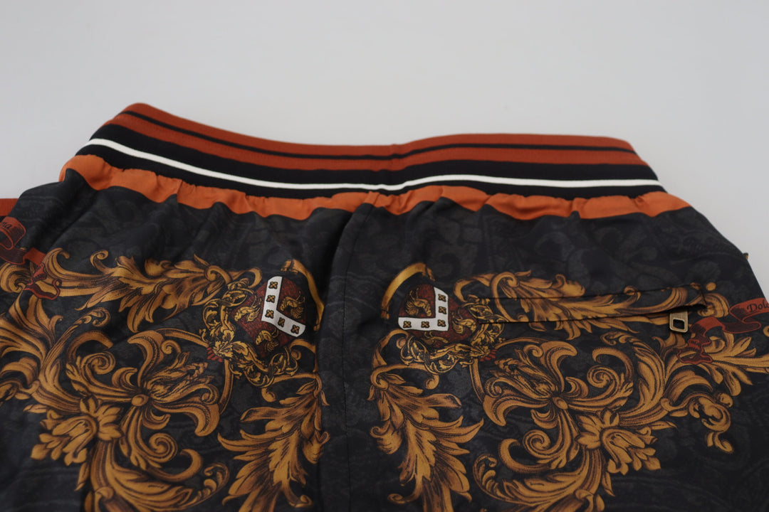 Dolce &amp; Gabbana Gray Silk Baroque Crown Trousers Sport Pants