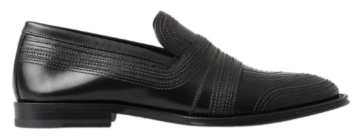 Dolce &amp; Gabbana Black Leather Slipper Loafers Stitched Shoes