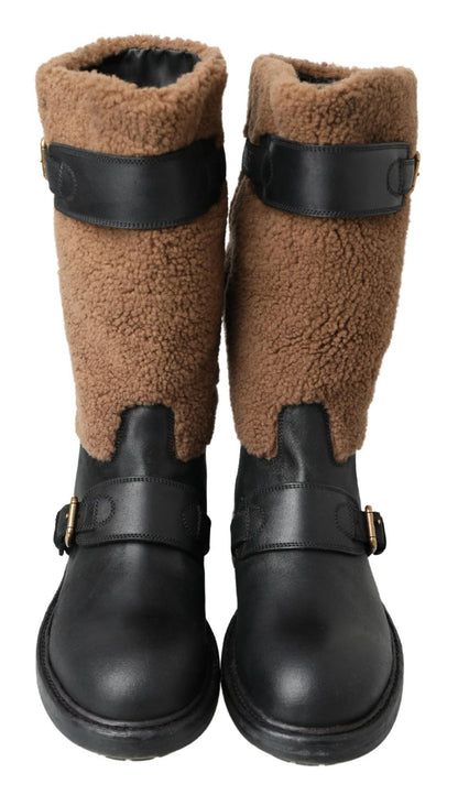 Bottes longues en cuir shearling noir Dolce &amp; Gabbana