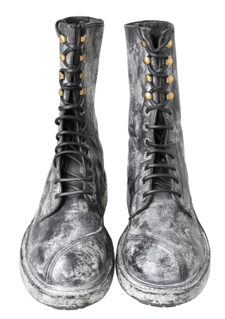 Dolce &amp; Gabbana Black Gray Leather Mid Calf Boots Shoes