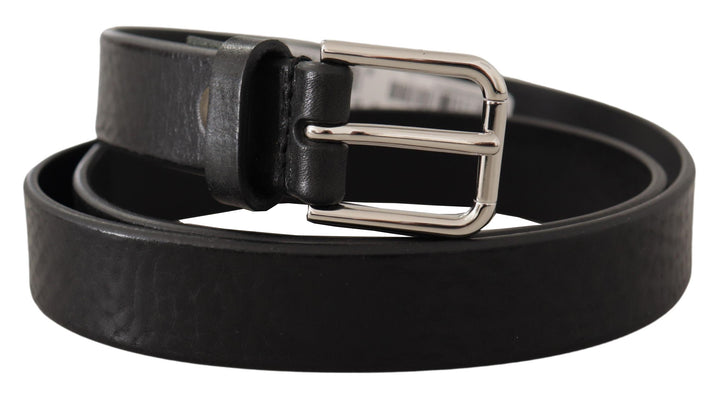 Dolce &amp; Gabbana Black Calf Leather Silver Tone Logo Metal Buckle Belt