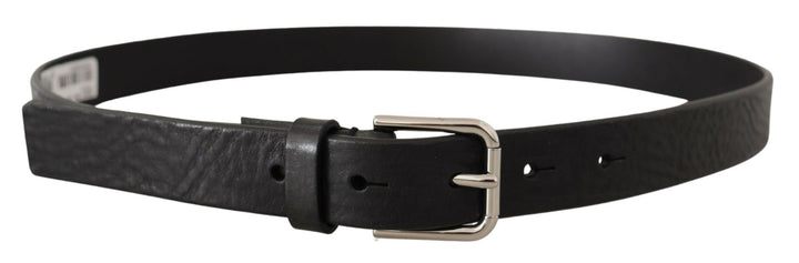 Dolce &amp; Gabbana Black Calf Leather Silver Tone Logo Metal Buckle Belt