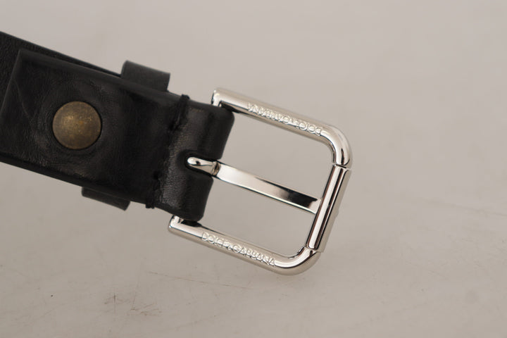 Dolce &amp; Gabbana Black Calf Leather Silver Tone Logo Metal Buckle Belt