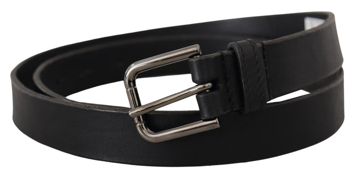 Dolce &amp; Gabbana Black Calf Leather Logo Engraved Metal Buckle Belt