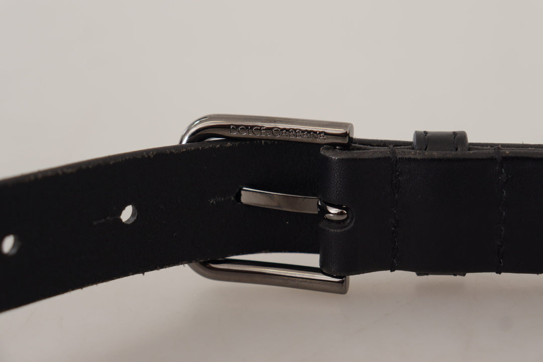 Dolce &amp; Gabbana Black Calf Leather Logo Engraved Metal Buckle Belt