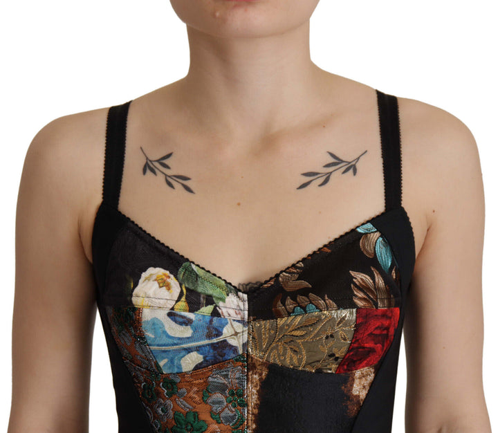Dolce &amp; Gabbana Black Patchwork Sicily Blouse Corset Cropped Top