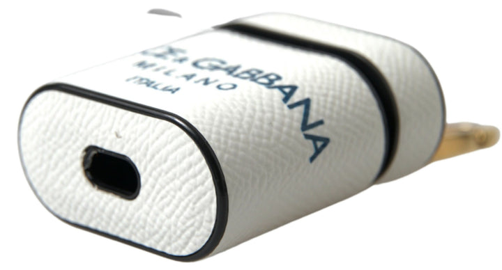 Dolce &amp; Gabbana White Blue Calf Leather Logo Print Strap Airpods Case