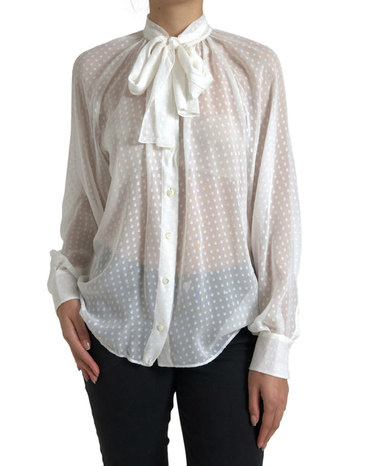 Dolce & Gabbana White Silk Sheer Tied Neck Polka Dots Blouse