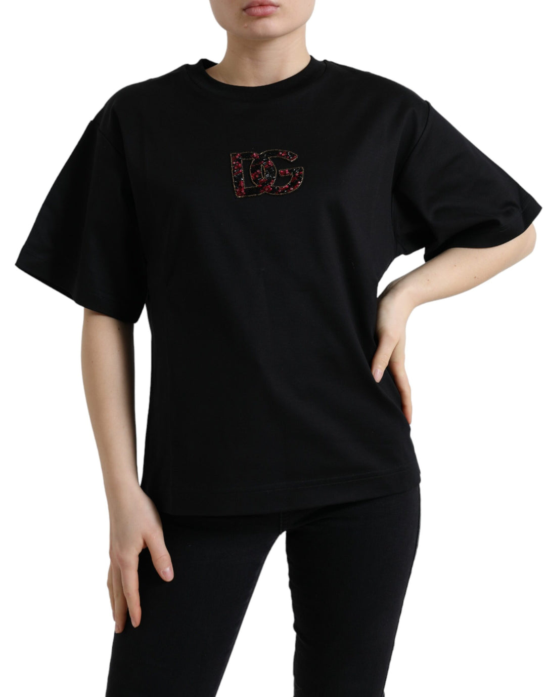 T-shirt élégant noir orné de cristaux Dolce &amp;amp; Gabbana