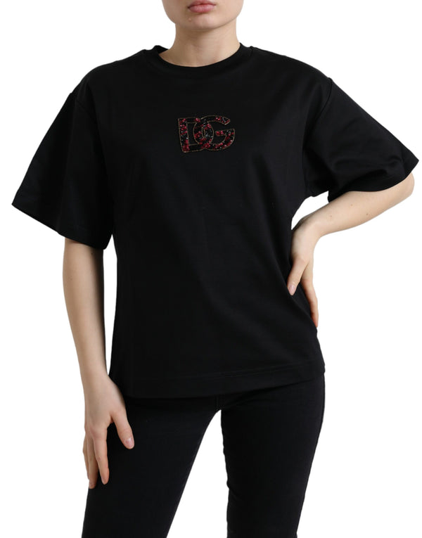 Dolce & Gabbana - Black Cotton DG Crystal Crewneck Tee T-shirt
