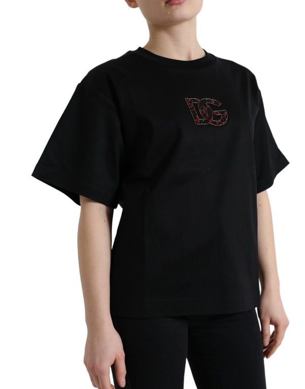 Dolce & Gabbana - Black Cotton DG Crystal Crewneck Tee T-shirt