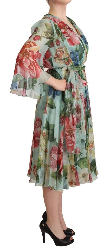 Dolce &amp; Gabbana Multicolor Green Floral Silk Wrap Midi Dress