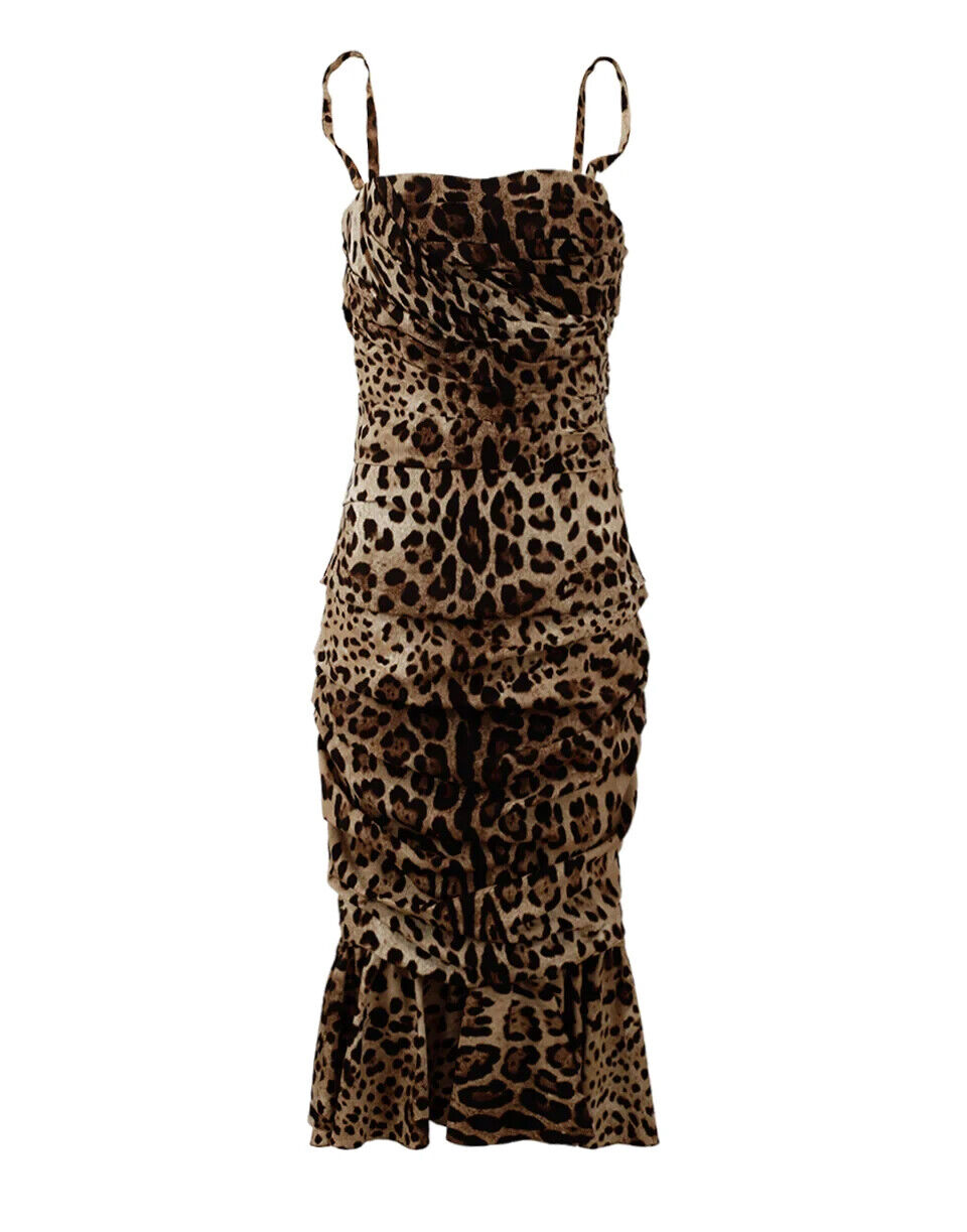 Dolce &amp; Gabbana Brown Leopard Print Ruched Midi Dress