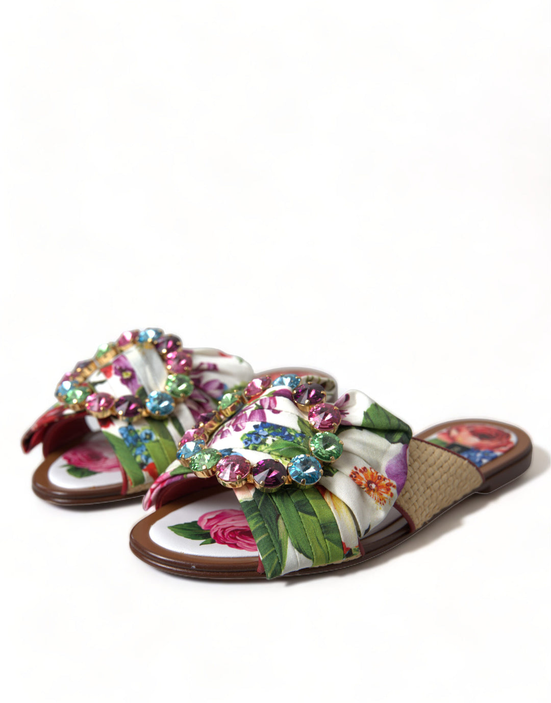 Dolce &amp; Gabbana Multicolor Floral Flats Crystal Sandals Shoes