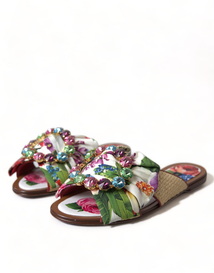 Dolce &amp; Gabbana Multicolor Floral Flats Crystal Sandals Shoes