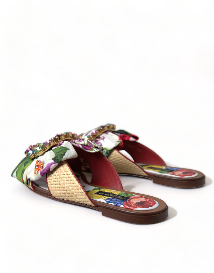 Dolce &amp; Gabbana Multicolor Floral Flats Crystal Sandals Shoes