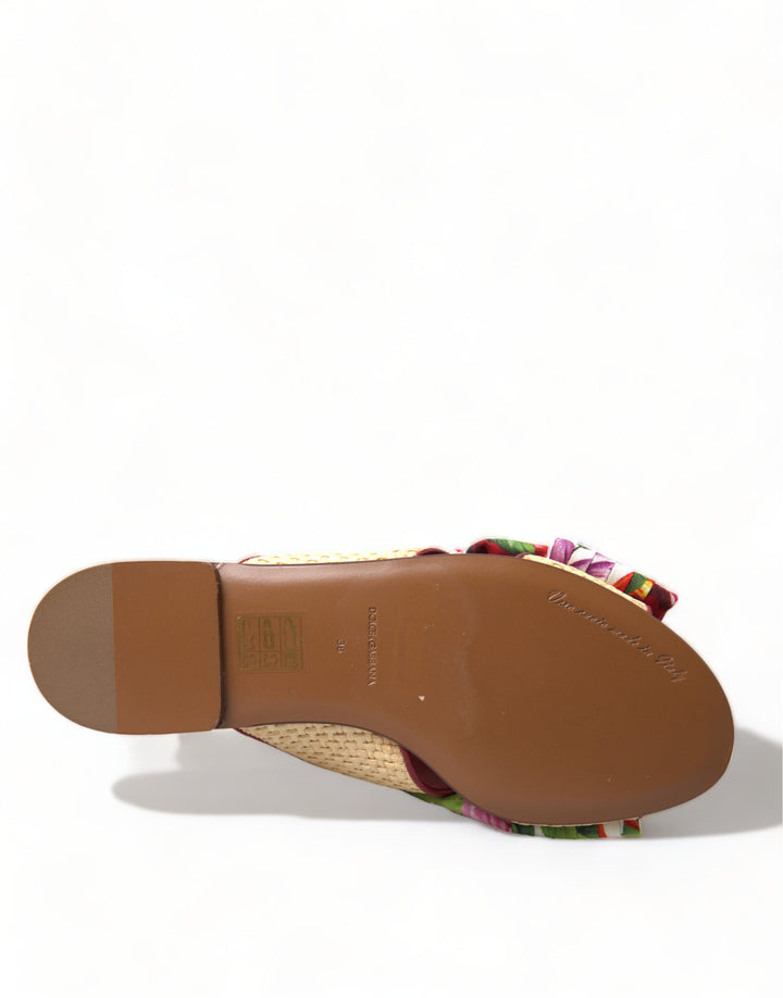 Dolce &amp; Gabbana Multicolor Floral Flats Crystal Sandals Shoes