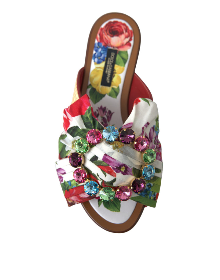 Dolce &amp; Gabbana Multicolor Floral Flats Crystal Sandals Shoes