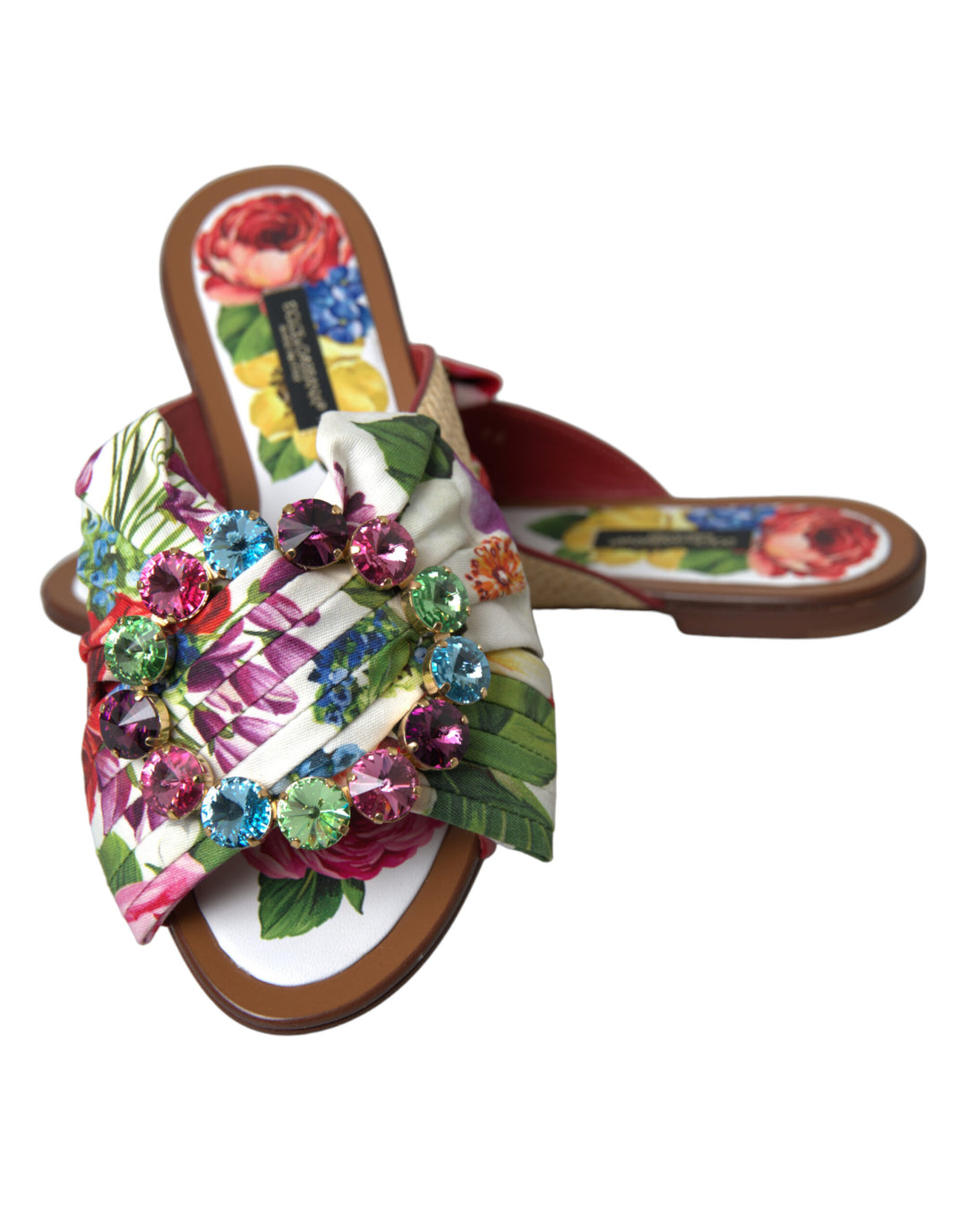 Dolce &amp; Gabbana Multicolor Floral Flats Crystal Sandals Shoes