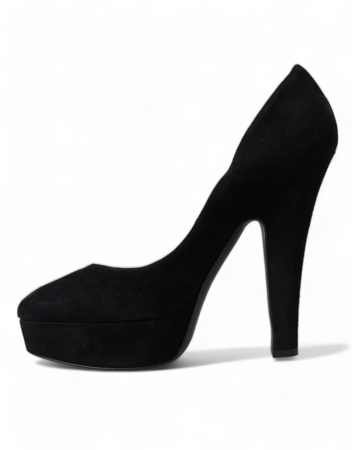 Dolce &amp; Gabbana Black Suede Leather Platform Heel Pumps Shoes