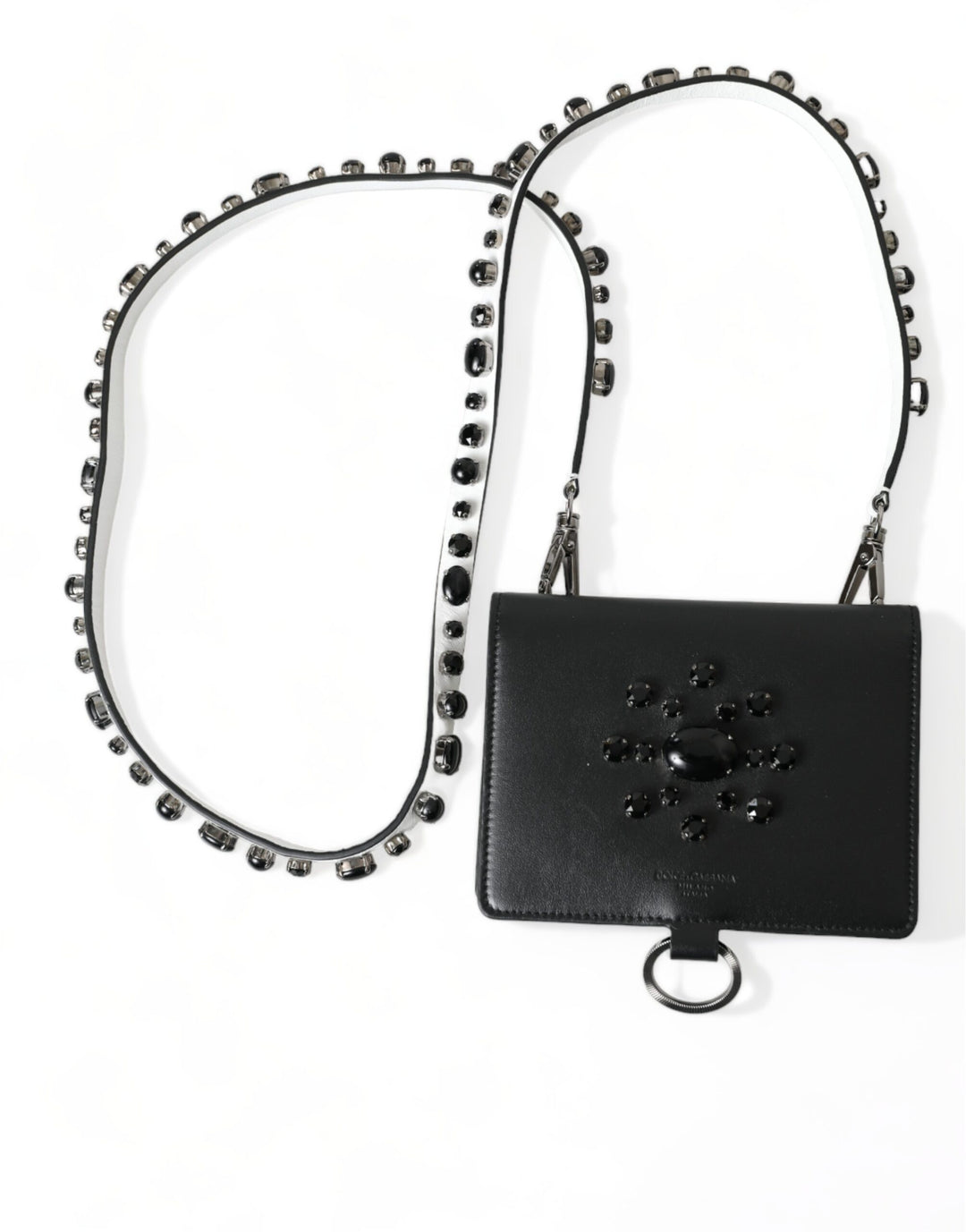 Dolce &amp; Gabbana Black Leather Crystal Embellished Card Holder Wallet