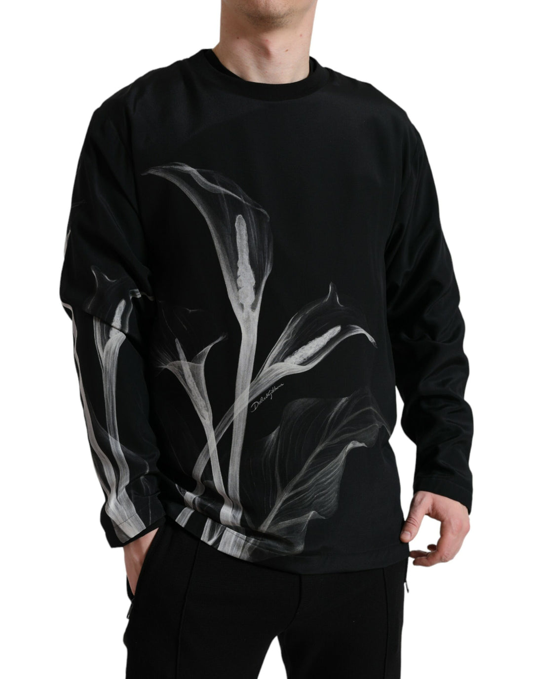 Dolce &amp; Gabbana Black Floral Print Crewneck Pullover Sweater