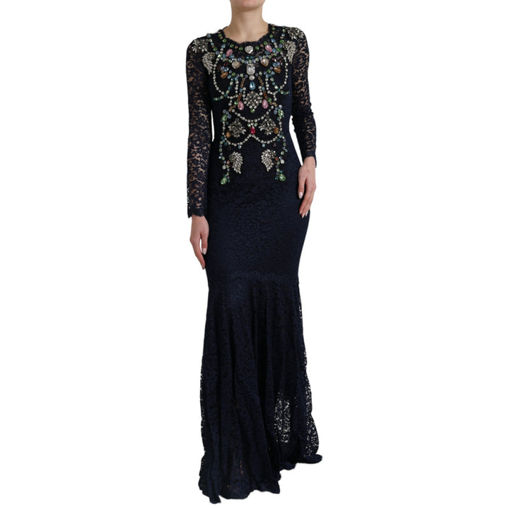 Dolce &amp; Gabbana Blue Crystal Floral Lace Long Gown Dress women’s dress