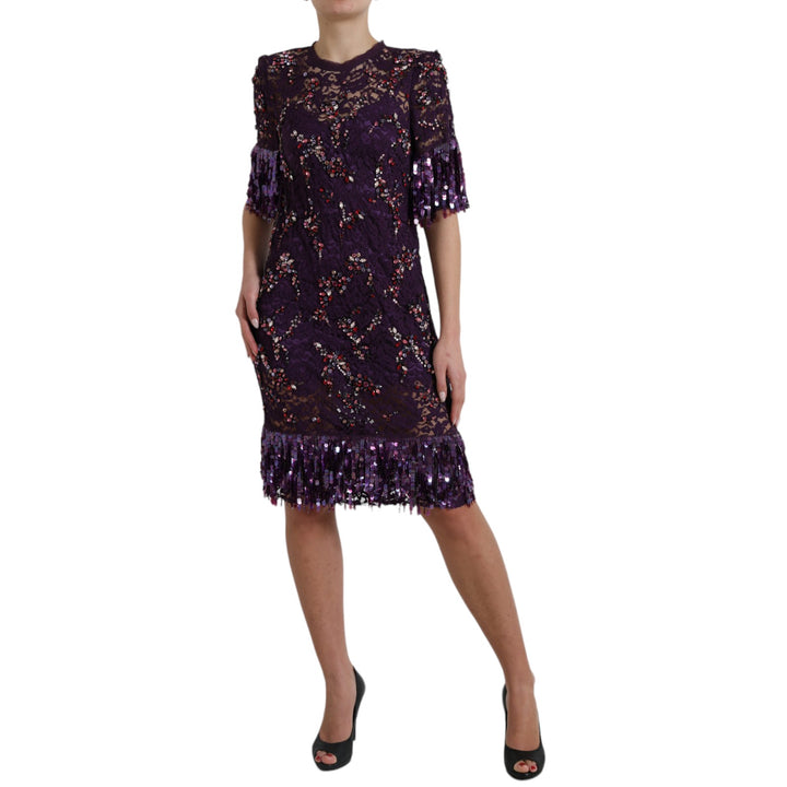 Dolce &amp; Gabbana Purple floral lace crystal embedded dress women’s