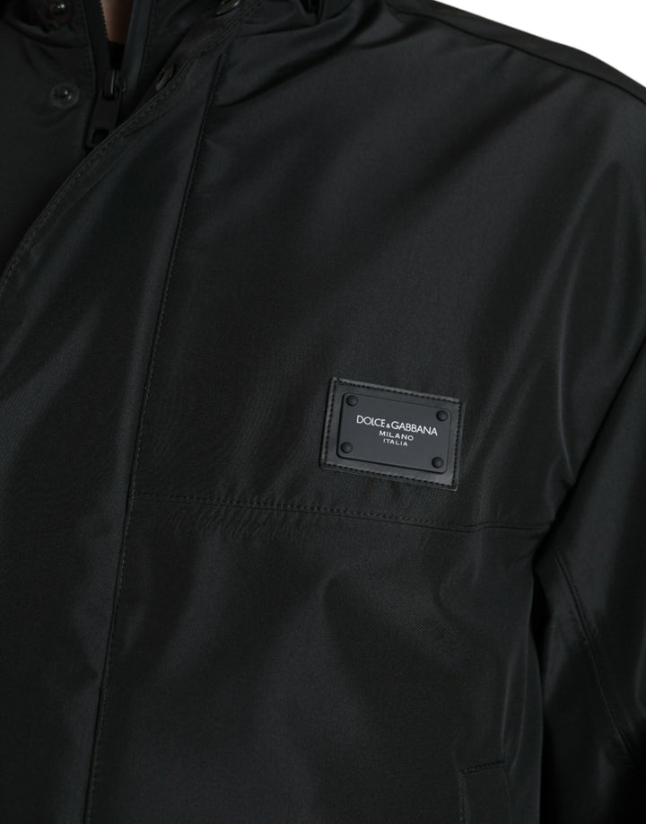 Dolce &amp; Gabbana Black Polyester Logo Plaque Hooded Jacket