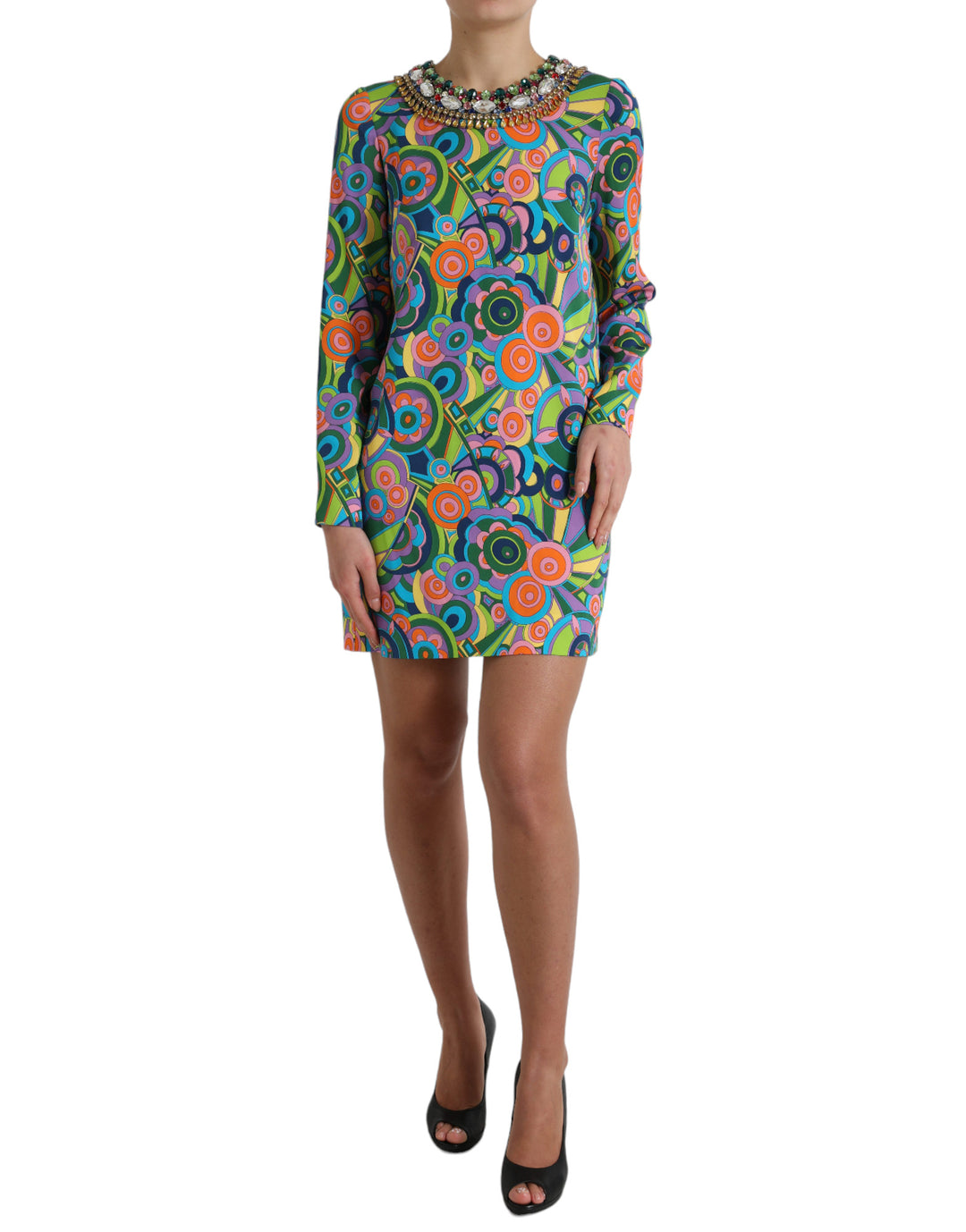 Dolce &amp; Gabbana Multicolor Geometric Print Silk Crystals Midi Dress