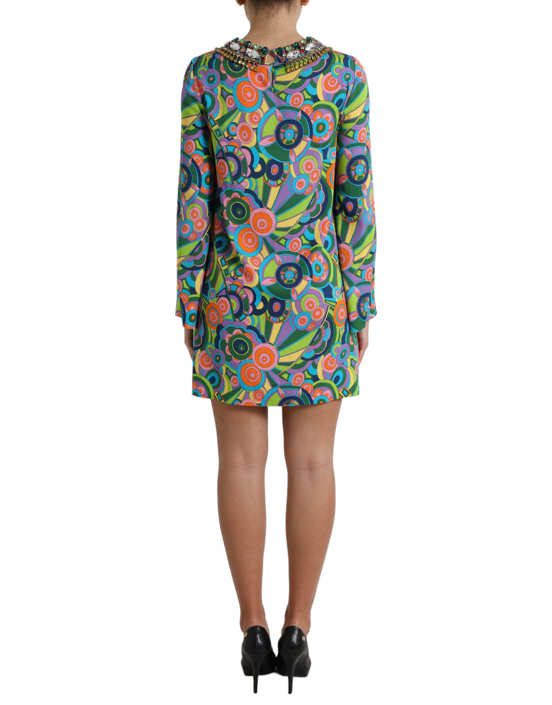 Dolce &amp; Gabbana Multicolor Geometric Print Silk Crystals Midi Dress