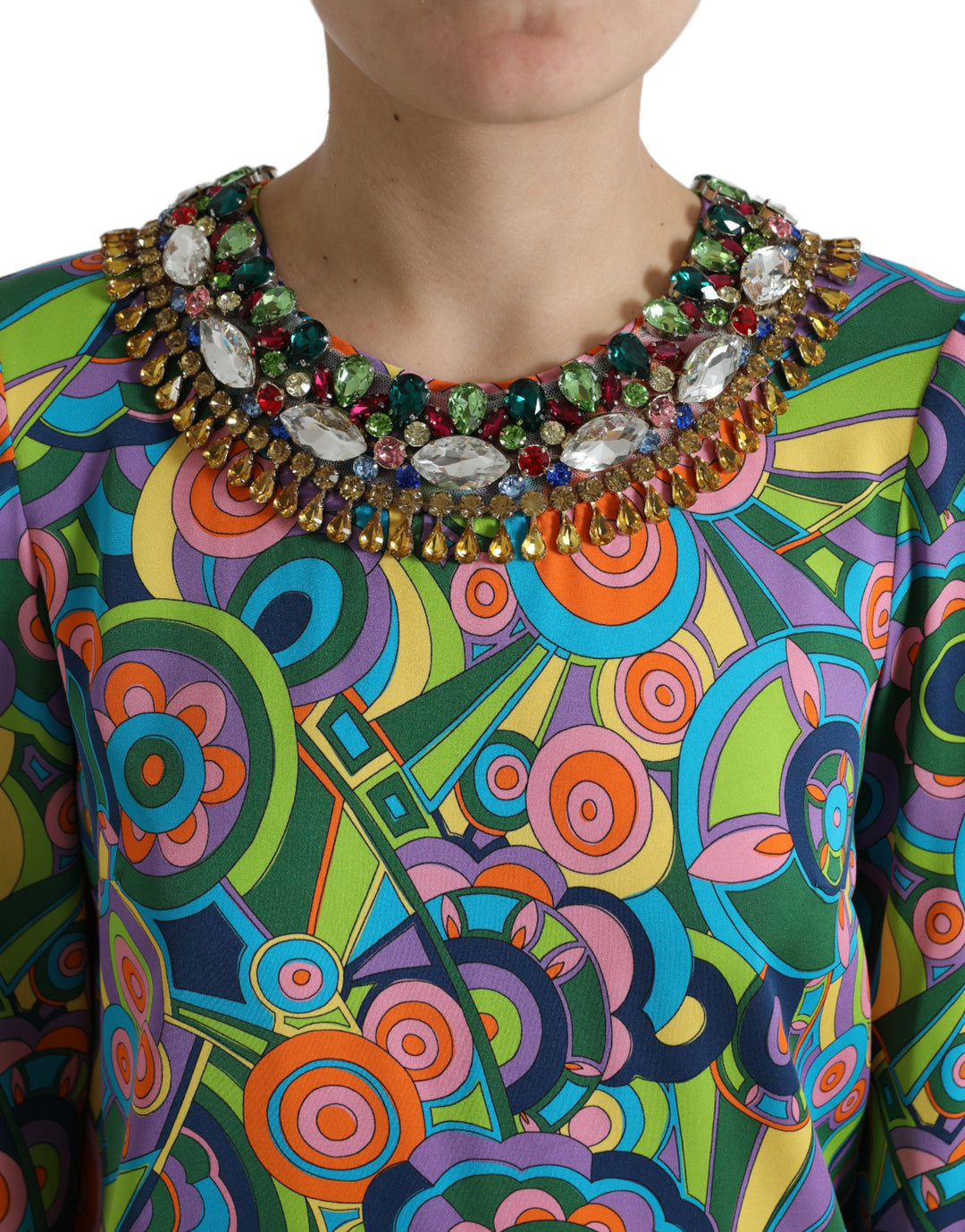Dolce &amp; Gabbana Multicolor Geometric Print Silk Crystals Midi Dress