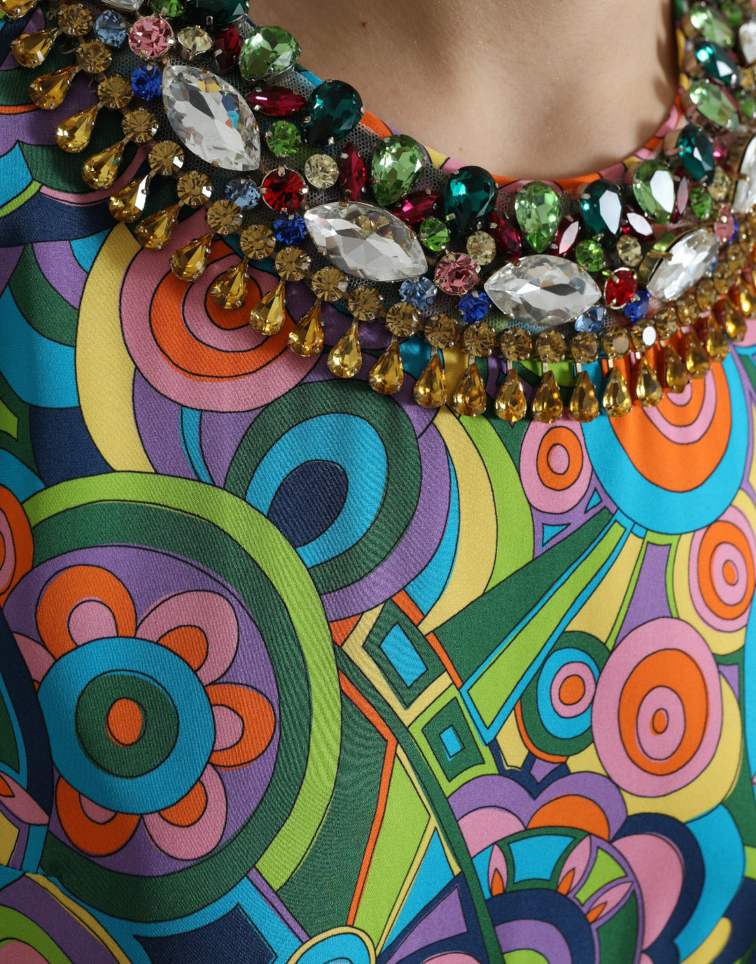Dolce &amp; Gabbana Multicolor Geometric Print Silk Crystals Midi Dress