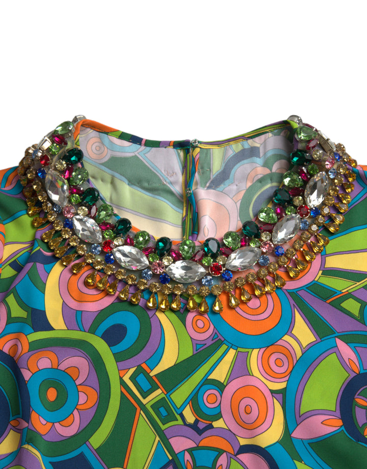 Dolce &amp; Gabbana Multicolor Geometric Print Silk Crystals Midi Dress