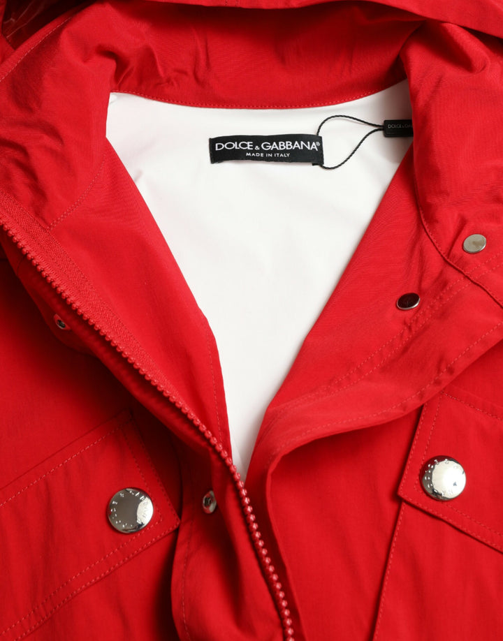 Dolce &amp; Gabbana Red Polyester Hooded Button Rain Coat Jacket