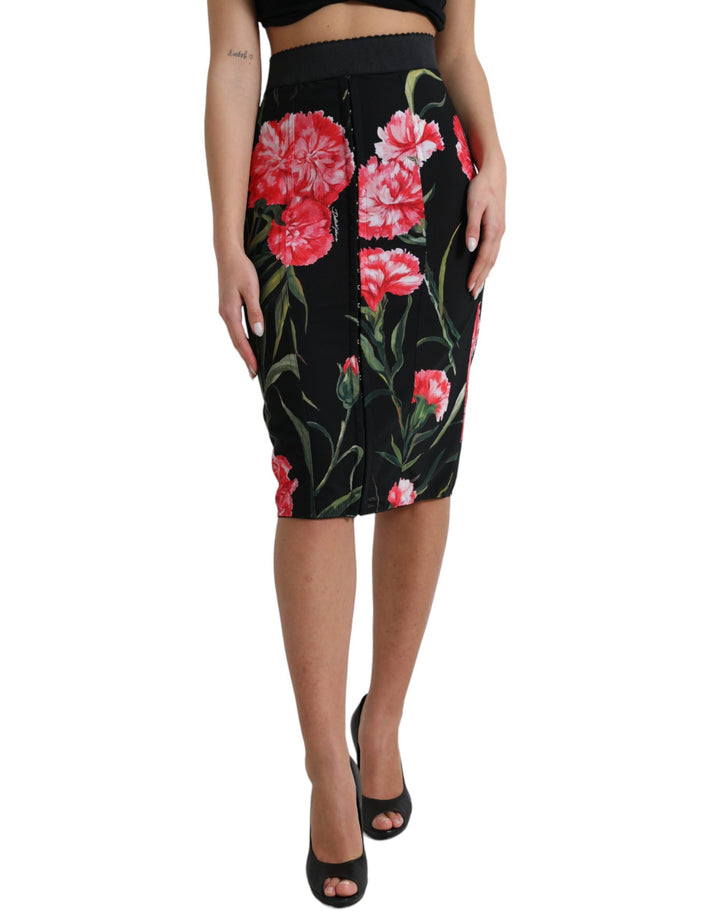 Dolce &amp; Gabbana Black Carnation Pencil Cut Knee Length Skirt