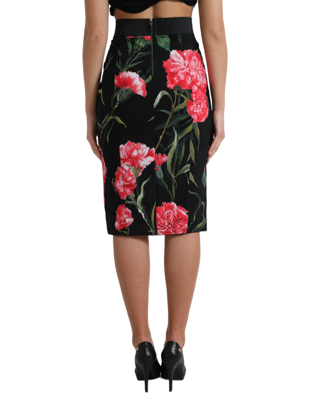 Dolce &amp; Gabbana Black Carnation Pencil Cut Knee Length Skirt