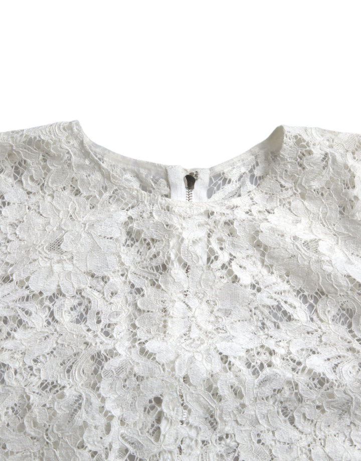 Dolce &amp; Gabbana White Floral Lace Cotton Round Neck Blouse Top