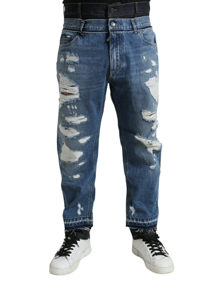 Dolce &amp; Gabbana Blue Tattered Cotton Men Denim Jeans