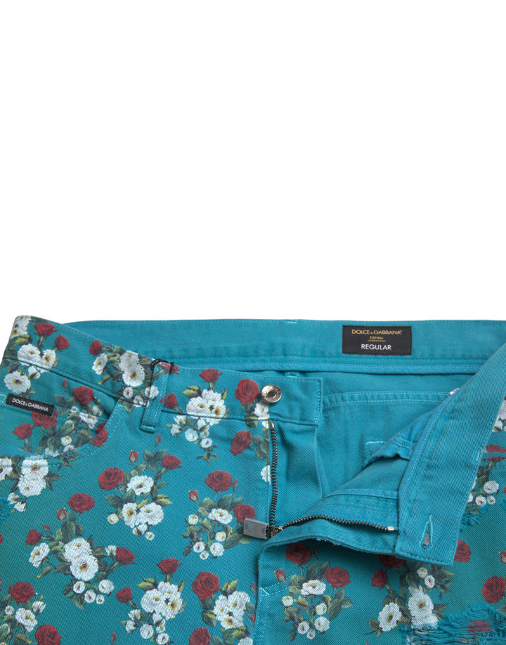 Dolce &amp; Gabbana Blue Floral Print Skinny Cotton Denim Pants