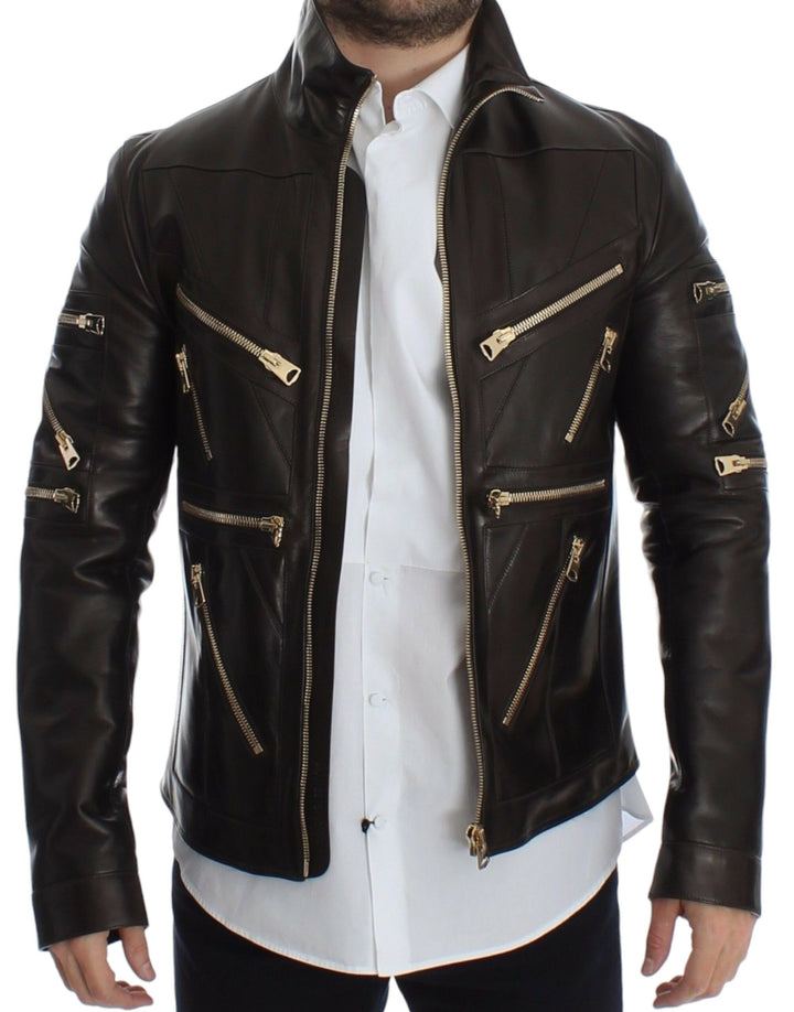 Dolce &amp;amp; Gabbana - Élégante veste en cuir marron à détails dorés