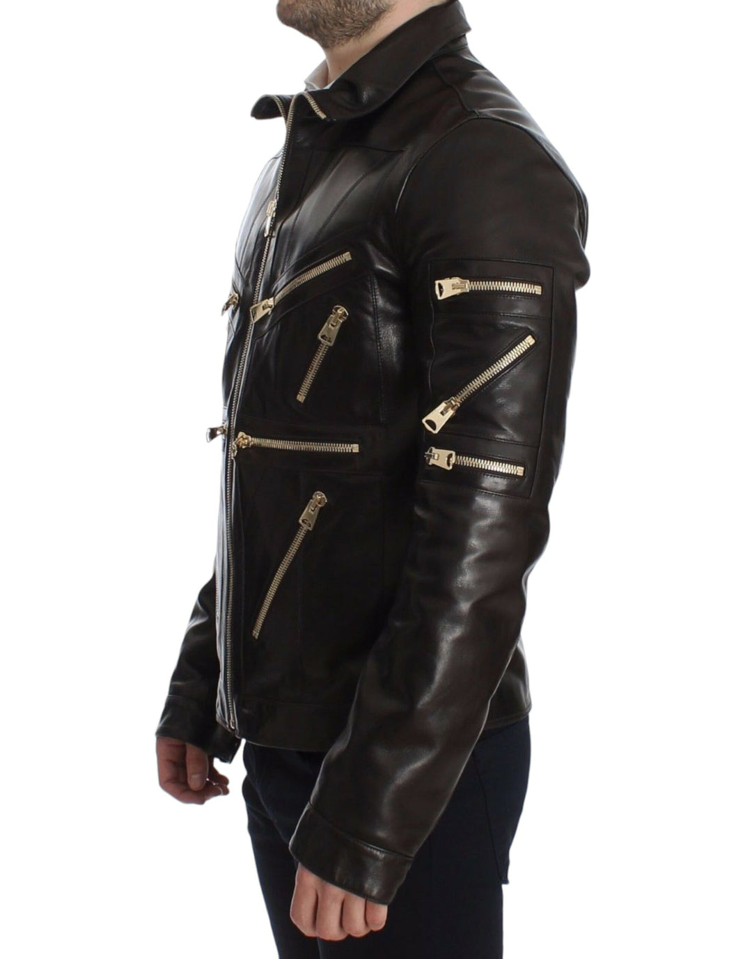 Dolce &amp;amp; Gabbana - Élégante veste en cuir marron à détails dorés