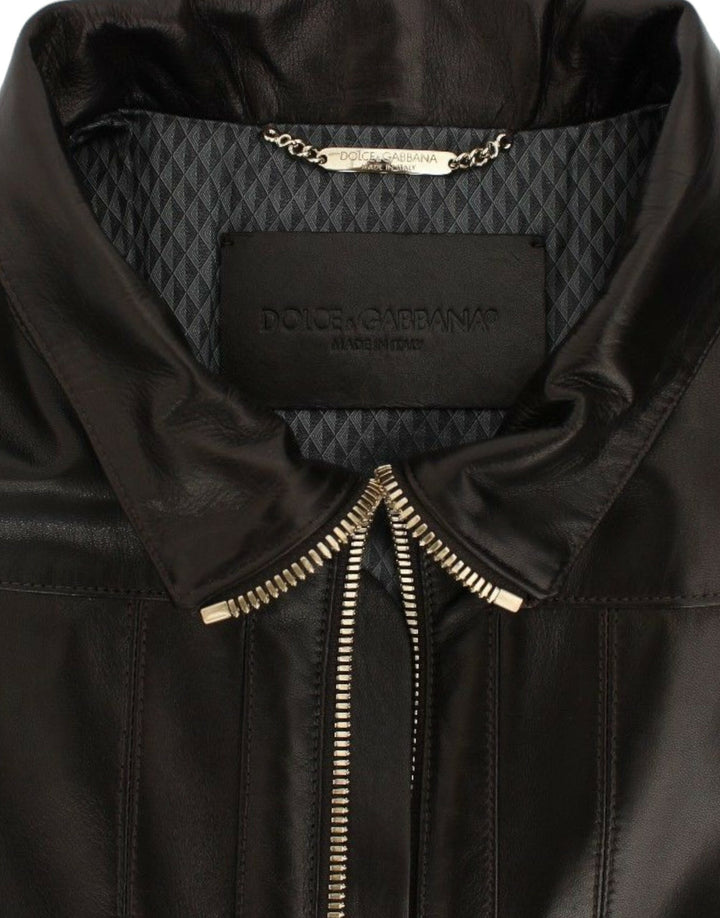 Dolce &amp;amp; Gabbana - Élégante veste en cuir marron à détails dorés