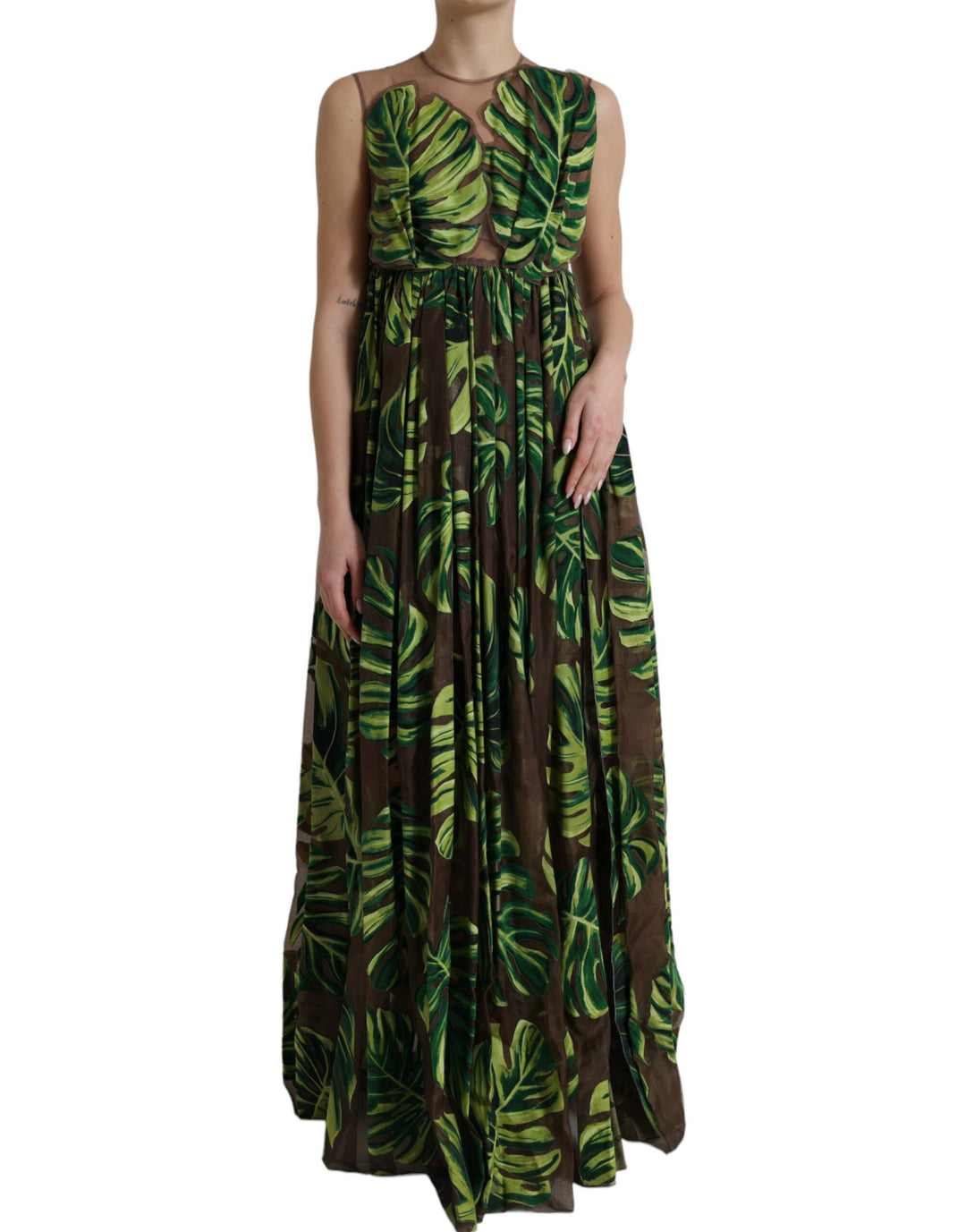 Dolce &amp; Gabbana Green Banana Leaf Sleeveless Long Maxi Dress