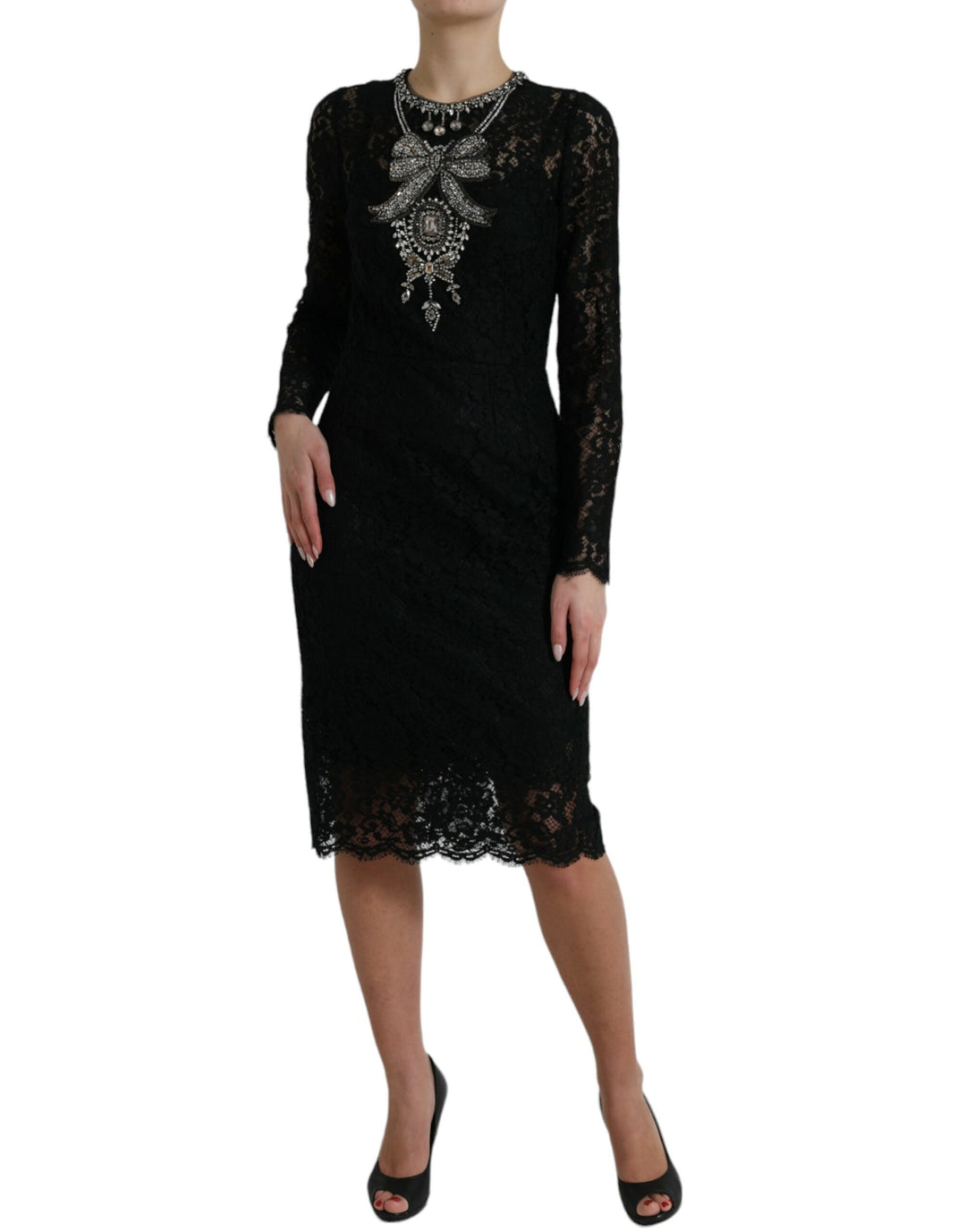 Dolce &amp; Gabbana Black Lace Crystal Embellished Sheath Dress
