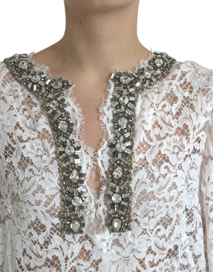 Dolce &amp; Gabbana White Lace Crystal Embellished Shift Dress