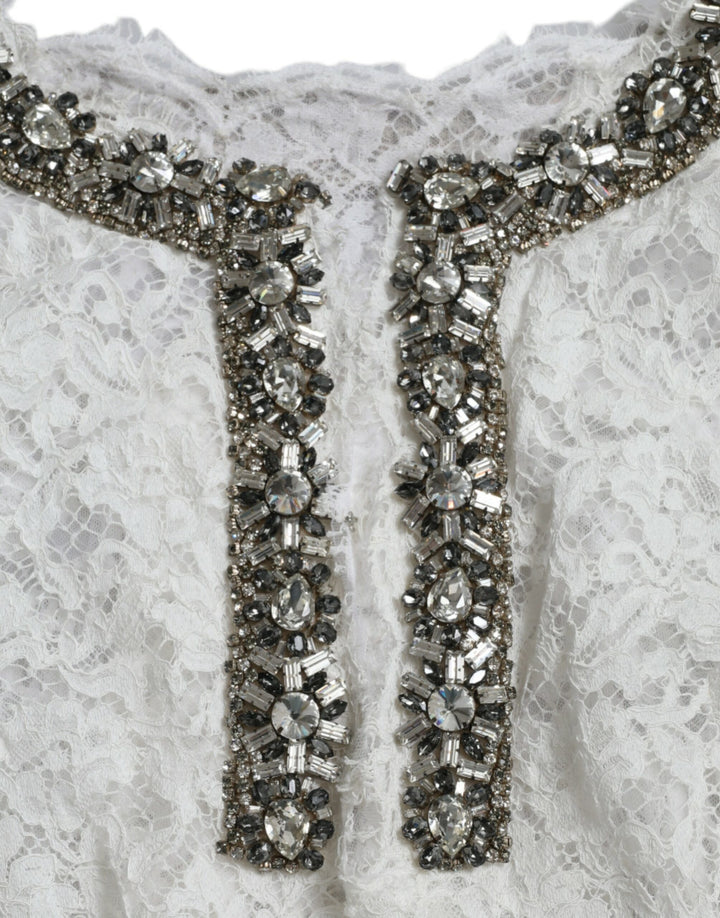 Dolce &amp; Gabbana White Lace Crystal Embellished Shift Dress