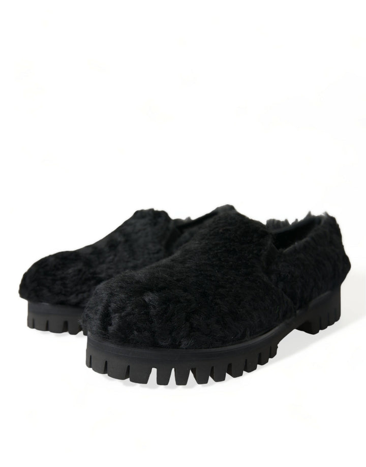 Dolce &amp; Gabbana Black Fur Leather Slippers Dress Shoes