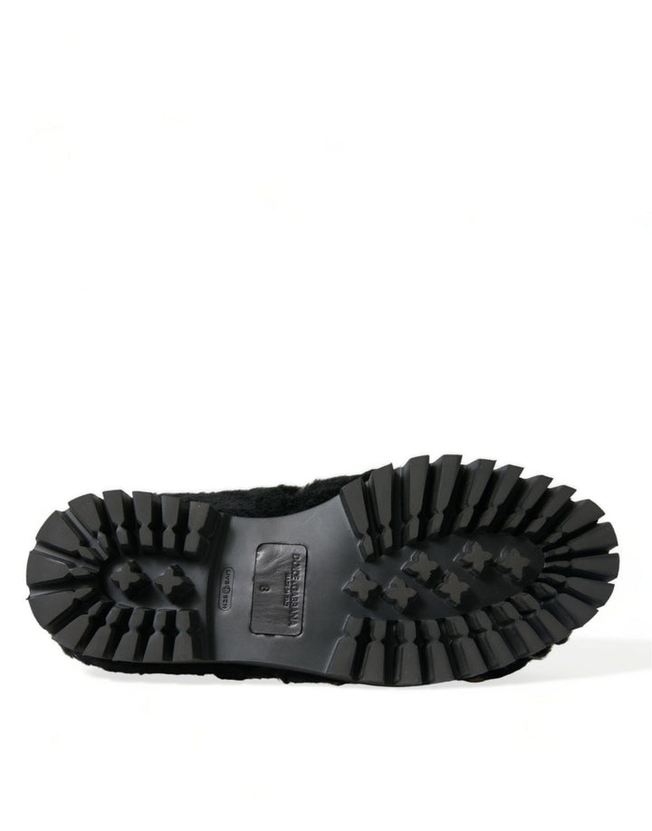 Dolce &amp; Gabbana Black Fur Leather Slippers Dress Shoes
