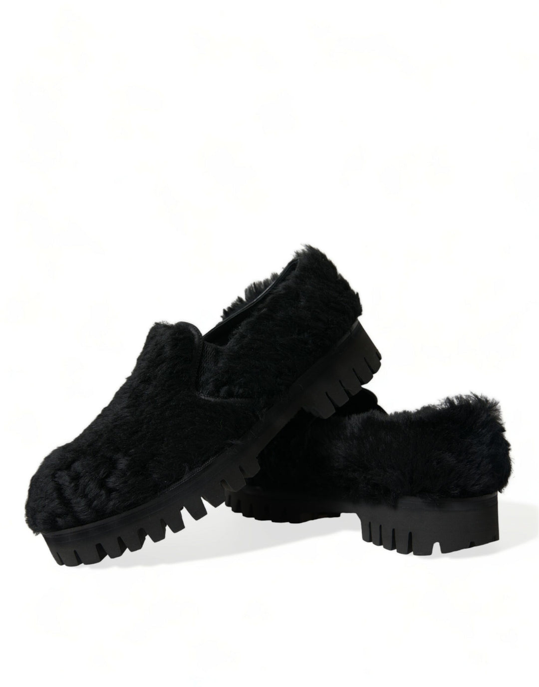 Dolce &amp; Gabbana Black Fur Leather Slippers Dress Shoes